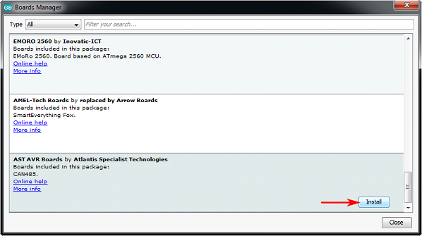 ボードマネージャーでのAST AVR Boardsのインストール