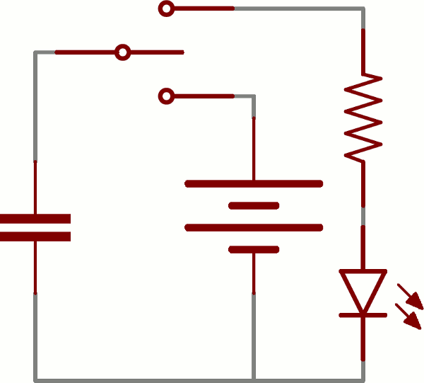 電池でコンデンサを充電し、LEDを一瞬点灯させる回路