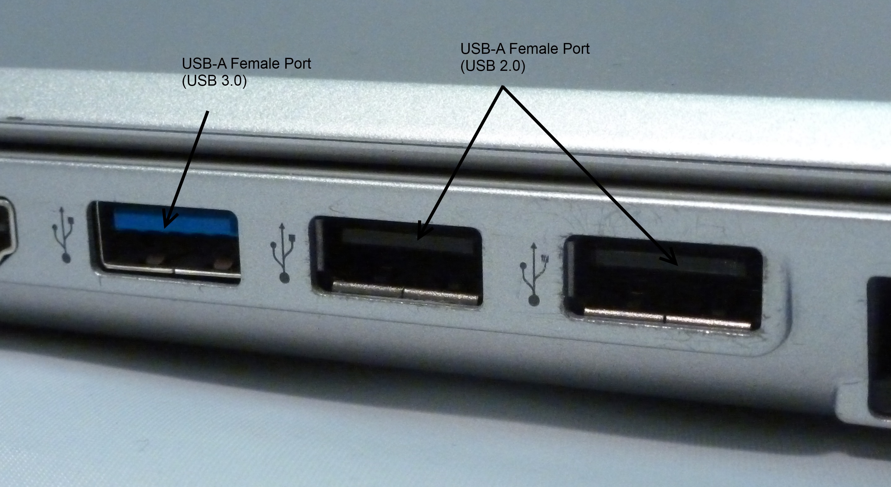 ノートパソコン側面のUSB-Aメスポート。青いコネクタはUSB 3.0対応を示す