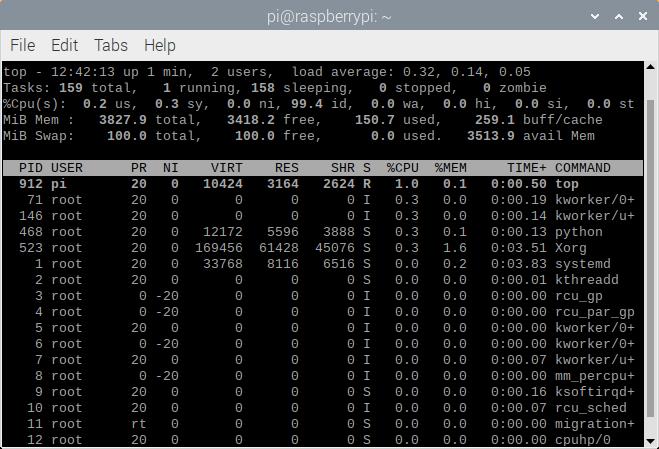 遅延によりCPU消費がわずかになったことを示すRaspberry Piのプロセス一覧