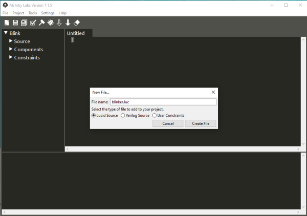 新しいファイルを作るには、Fileバーの下にあるコマンドバーの一番左にある「New」ボタンをクリックする
