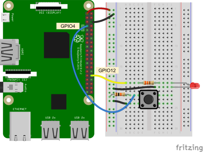 LEDとボタンを接続するRaspberry PiのFritzing図