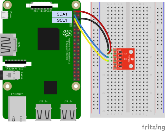 TMP102温度センサーに接続したRaspberry PiのFritzing図