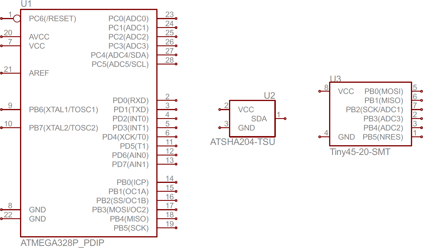 ATmega328マイコン（Arduinoによく搭載されている）、ATSHA204暗号化IC、ATtiny45マイコンの回路図記号。部品によってサイズもピン数も大きく異なることがわかる