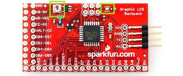 コントラスト用ポテンショメーター（左）とはんだジャンパー（右）