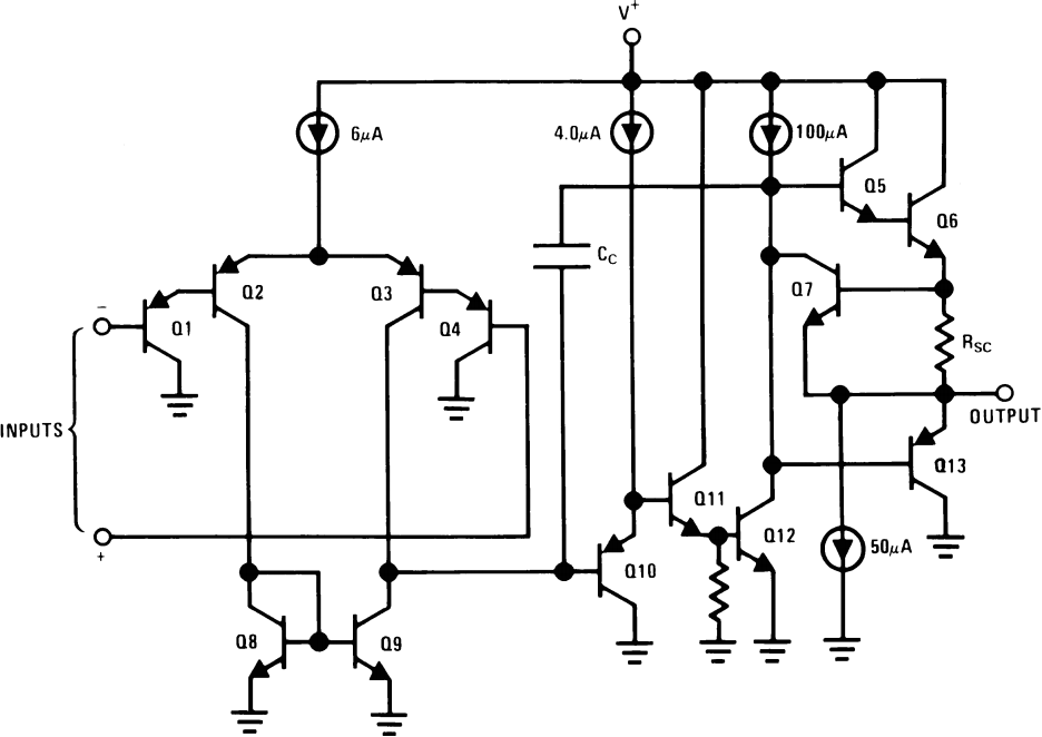 LM358オペアンプの内部回路。見覚えのある増幅器の構成はあるだろうか