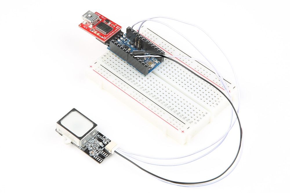 Arduino Pro Mini 3.3Vのメスヘッダーに接続された指紋センサー