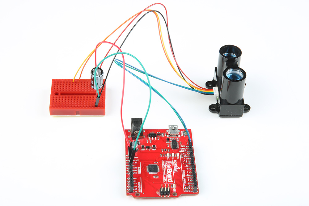 RedBoardとブレッドボードに接続されたLidar